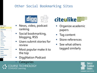 Other Social Bookmarking Sites




 News, video, podcast          Organize academic
    ranking                      papers
   Social bookmarking,         Tag content
    blogging, RSS
                                Store references
   Users submit stories for
    review                      See what others
   Most popular make it to      tagged similarly
    the top
   DiggNation Podcast
   Categories
 