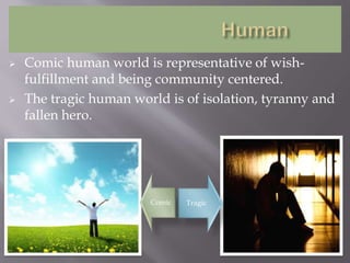  Comic human world is representative of wish-
fulfillment and being community centered.
 The tragic human world is of isolation, tyranny and
fallen hero.
Comic Tragic
 