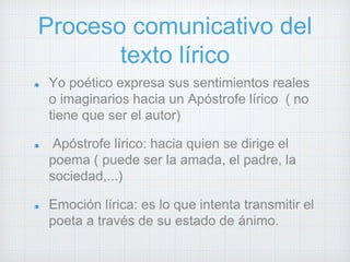 Proceso comunicativo del 
texto lírico 
Yo poético expresa sus sentimientos reales 
o imaginarios hacia un Apóstrofe lírico ( no 
tiene que ser el autor) 
Apóstrofe lírico: hacia quien se dirige el 
poema ( puede ser la amada, el padre, la 
sociedad,...) 
Emoción lírica: es lo que intenta transmitir el 
poeta a través de su estado de ánimo. 
 