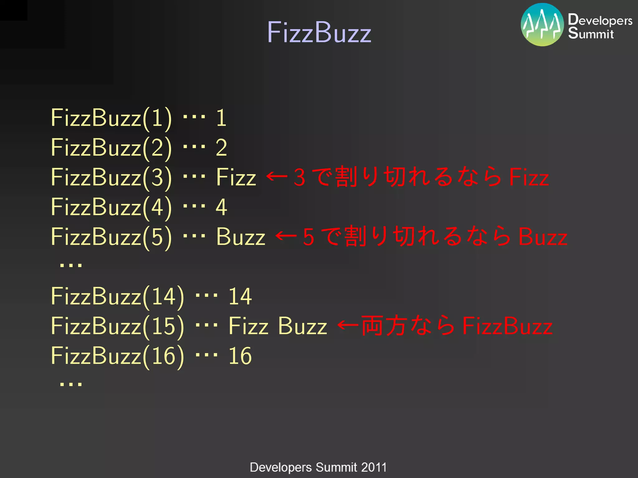 FizzBuzz

FizzBuzz(1)    1
FizzBuzz(2)    2
FizzBuzz(3)    Fizz     3            Fizz
FizzBuzz(4)    4
FizzBuzz(5)    Buzz     5            Buzz

FizzBuzz(14)   14
FizzBuzz(15)   Fizz Buzz         FizzBuzz
FizzBuzz(16)   16
 