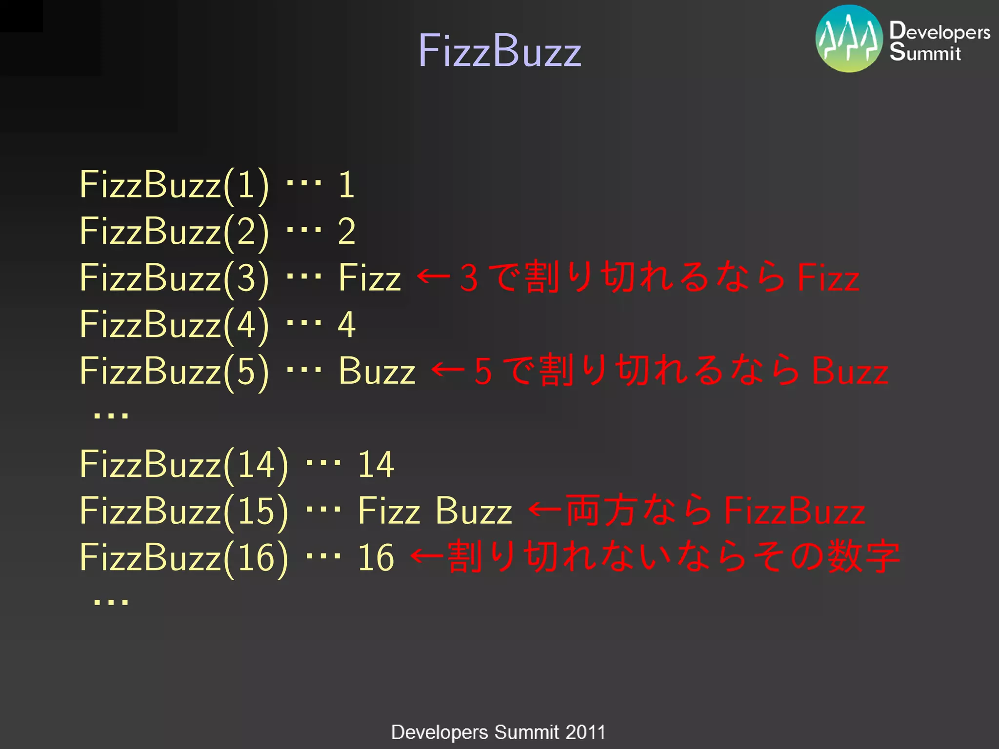 FizzBuzz

FizzBuzz(1)    1
FizzBuzz(2)    2
FizzBuzz(3)    Fizz     3            Fizz
FizzBuzz(4)    4
FizzBuzz(5)    Buzz     5            Buzz

FizzBuzz(14)   14
FizzBuzz(15)   Fizz Buzz         FizzBuzz
FizzBuzz(16)   16
 