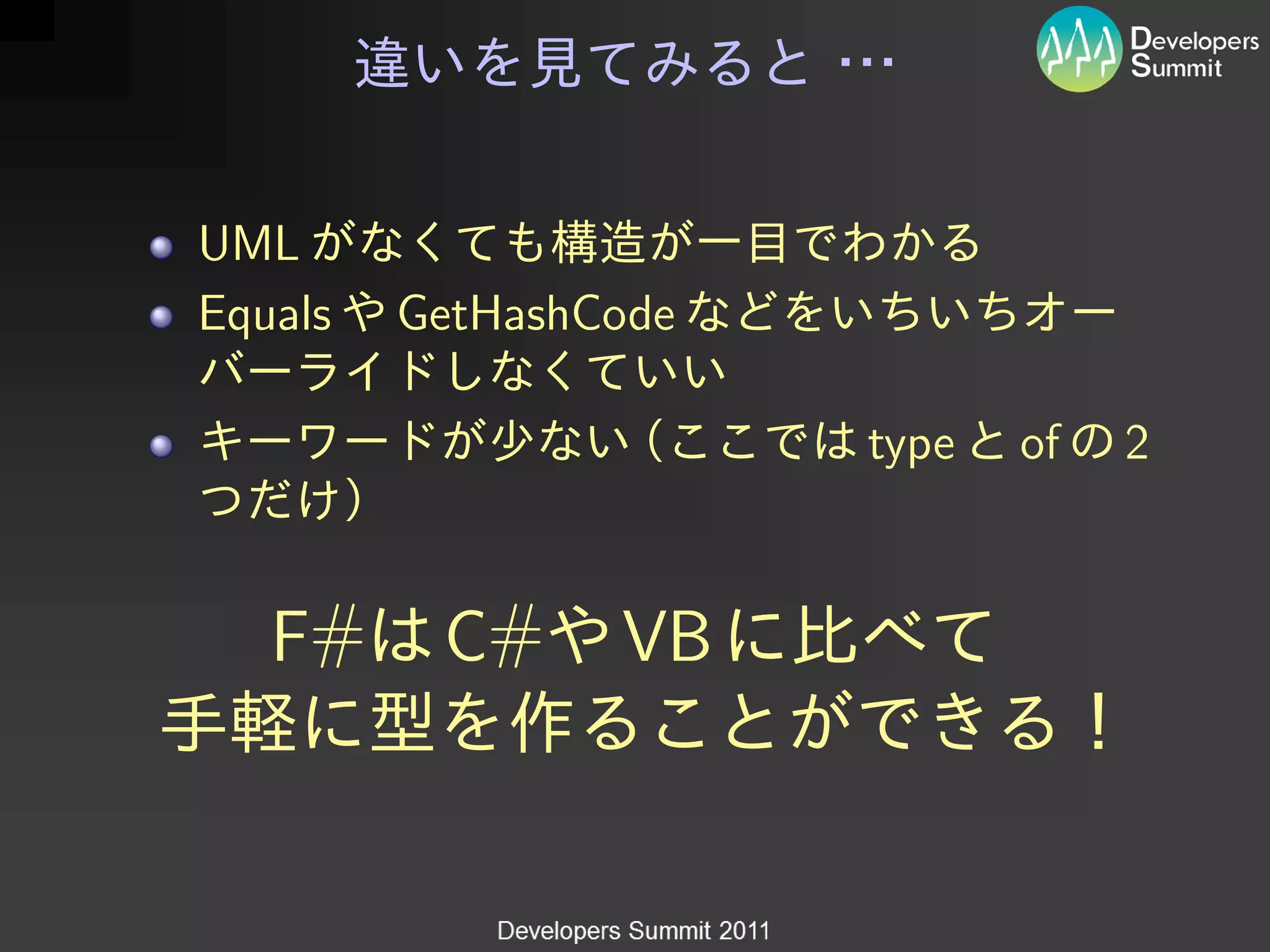 UML
Equals   GetHashCode

                       type   of   2



   F#     C#     VB
 