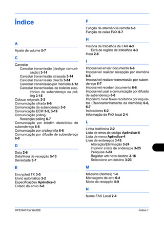 OPERATION GUIDE Índice-1
Índice
A
Ajuste de volume 5-7
C
Cancelar
Cancelar transmissão (desligar comuni-
cação) 3-14
Cancelar transmissão atrasada 3-14
Cancelar transmissão directa 3-14
Cancelar transmissão por memória 3-12
Cancelar transmissões de boletim elec-
trónico de subendereço ou pol-
ling 3-15
Colocar originais 3-3
Comunicação cifrada 6-6
Comunicação de subendereço 3-5
Comunicação ECM 3-5, 3-19
Comunicação polling
Recepção polling 6-7
Comunicação por boletim electrónico de
subendereço 6-8
Comunicação por criptografia 6-6
Comunicação por difusão de subendereço
6-8
D
Data 2-6
Data/Hora de recepção 5-10
Densidade 3-7
E
Encrypted TX 3-5
Envio automático 3-2
Especificações Apêndice-3
Estado do envio 3-8
F
Função de alternância remota 6-6
Função de caixa FAX 6-7
H
História de trabalhos de FAX 4-3
Ecrã de registo de trabalhos 4-3
Hora 2-6
I
Impossível enviar documento 6-6
Impossível realizar recepção por memória
6-6
Impossível realizar transmissão por suben-
dereço 6-7
Impossível receber documento 6-6
Impossível usar a comunicação por difusão
de subendereço 6-8
Imprimir/Enviar faxes recebidos por requisi-
tos (Reencaminhamento da memória) 6-6,
6-7
Indicadores 6-2
Informação de FAX local 2-4
L
Linha telefónica 2-2
Lista de erros de código Apêndice-6
Lista de menu Apêndice-4
Livro de endereços 3-16
Alteração/Eliminação 3-24
Imprimir a lista de endereços 3-25
Pesquisa 3-23
Registar um novo destino 3-16
Seleccione um destino 3-23
M
Máquina (Nomes) 1-4
Mensagens de erro 6-4
Modo de recepção 5-9
N
Nome FAX Local 2-4
 