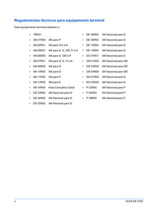 x GUIA DE USO
Regulamentos técnicos para equipamento terminal
Este equipamento terminal obedece a:
• TBR21 • DE 08R00 AN Nacional para D
• AN 01R00 AN para P • DE 09R00 AN Nacional para D
• AN 02R01 AN para CH e N • DE 12R00 AN Nacional para D
• AN 05R01 AN para D, E, GR, P e N • DE 14R00 AN Nacional para D
• AN 06R00 AN para D, GR e P • ES 01R01 AN Nacional para E
• AN 07R01 AN para D, E, P e N • GR 01R00 AN Nacional para GR
• AN 09R00 AN para D • GR 03R00 AN Nacional para GR
• AN 10R00 AN para D • GR 04R00 AN Nacional para GR
• AN 11R00 AN para P • NO 01R00 AN Nacional para N
• AN 12R00 AN para E • NO 02R00 AN Nacional para N
• AN 16R00 Nota Consultiva Geral • P 03R00 AN Nacional para P
• DE 03R00 AN Nacional para D • P 04R00 AN Nacional para P
• DE 04R00 AN Nacional para D • P 08R00 AN Nacional para P
• DE 05R00 AN Nacional para D
 