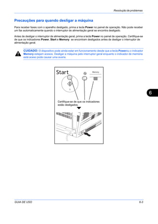 Resolução de problemas
GUIA DE USO 6-3
6
Precauções para quando desligar a máquina
Para receber faxes com o aparelho desligado, prima a tecla Power no painel de operação. Não pode receber
um fax automaticamente quando o interruptor de alimentação geral se encontra desligado.
Antes de desligar o interruptor de alimentação geral, prima a tecla Power no painel de operação. Certifique-se
de que os indicadores Power, Start e Memory se encontram desligados antes de desligar o interruptor de
alimentação geral.
CUIDADO: O dispositivo pode ainda estar em funcionamento desde que a tecla Powerou o indicador
Memory estejam acesos. Desligar a máquina pelo interruptor geral enquanto o indicador de memória
está aceso pode causar uma avaria.
Certifique-se de que os indicadores
estão desligados.
Memory
 