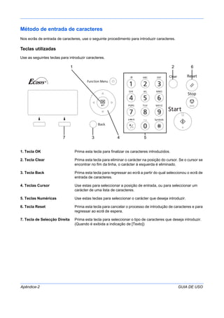 Apêndice-2 GUIA DE USO
Método de entrada de caracteres
Nos ecrãs de entrada de caracteres, use o seguinte procedimento para introduzir caracteres.
Teclas utilizadas
Use as seguintes teclas para introduzir caracteres.
1. Tecla OK Prima esta tecla para finalizar os caracteres introduzidos.
2. Tecla Clear Prima esta tecla para eliminar o carácter na posição do cursor. Se o cursor se
encontrar no fim da linha, o carácter à esquerda é eliminado.
3. Tecla Back Prima esta tecla para regressar ao ecrã a partir do qual seleccionou o ecrã de
entrada de caracteres.
4. Teclas Cursor Use estas para seleccionar a posição de entrada, ou para seleccionar um
carácter de uma lista de caracteres.
5. Teclas Numéricas Use estas teclas para seleccionar o carácter que deseja introduzir.
6. Tecla Reset Prima esta tecla para cancelar o processo de introdução de caracteres e para
regressar ao ecrã de espera.
7. Tecla de Selecção Direita Prima esta tecla para seleccionar o tipo de caracteres que deseja introduzir.
(Quando é exibida a indicação de [Texto])
1 2
3 47
6
5
 