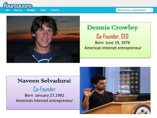 Dennis Crowley
Co-Founder, CEO
Born June 19, 1976
American Internet entrepreneur

Naveen Selvadurai
Co-Founder
Born January 27,1982
American Internet entrepreneur

 