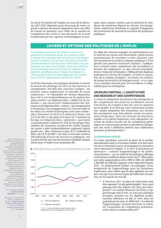 Au final, l’évolution de l’emploi au cours de la décen-
nie 2017-2027 dépendra pour beaucoup de notre ca-
pacité à assurer une bonne adéquation entre une offre
de travail en mutation sous l’effet de la montée en
compétence des actifs et une demande de travail
transformée par les ruptures technologiques et mar-
quée, dans certains métiers, par la nécessité de rem-
placer de nombreux départs en retraite. Ces change-
ments solliciteront fortement la capacité d’adaptation
des institutions du marché du travail et des politiques
publiques.
6
16. Les exonérations
générales, sectorielles et
géographiques de
cotisations sociales
employeur représentent
près de 30 milliards
d’euros en 2015 (y compris
le Pacte de responsabilité),
auxquelles s’ajoutent le
Crédit d’impôt pour la
compétitivité et l’emploi
ou CICE (près de 17,5
milliards), les mesures
d’incitation financières à
l’emploi (prime pour
l’emploi, RSA, etc. ;
4 milliards) et des mesures
fiscales notamment
sectorielles pour
6 milliards (emplois à
domicile, etc.). En 2016
s’ajouteront 5 milliards de
baisse de cotisations
familiales dans le cadre du
Pacte de responsabilité.
17. Voir note 2017-2027
« Quelles priorités
éducatives ? », op. cit.
18. Cahuc P., Ferracci M.,
Tirole J. et Wasmer É.
(2014), « L’apprentissage
au service de l’emploi »,
Les notes du Conseil
d’analyse économique,
n° 19, décembre.
Leviers et options des politiques de l’emploi
Les politiques en faveur de l’emploi couvrent un
périmètre extrêmement large. Les mesures visant
à stimuler la croissance des entreprises, à développer
certains territoires ou secteurs d’activité, à soutenir
l’investissement ou à promouvoir l’innovation ont, par
exemple, un impact sur l’emploi. Nous nous limitons
ici aux politiques qui entrent dans la catégorie des
dépenses spécifiques pour l’emploi marchand et à
celles qui participent au développement des compé-
tences et à la régulation du marché du travail.
Au fil des décennies, les politiques destinées à contrer
la montée du chômage ont été à la fois diverses et
conséquentes. Par-delà leur caractère cyclique – les
moyens requis augmentent en période de basse
conjoncture – et l’instabilité de certains dispositifs,
leur coût a crû tendanciellement sur les quinze der-
nières années. Les dépenses dites « ciblées sur les in-
dividus », qui recouvrent l’indemnisation des chô-
meurs, et les dépenses dites « actives », qui comprennent
la formation, l’accompagnement, les contrats aidés et
les aides à la création d’entreprise, sont assez stables :
elles s’élevaient en 2013 à 51 milliards d’euros, soit
2,4 % du PIB, ce qui place la France en 7e
position en
Europe. Les dépenses dites « générales », qui visent
en grande partie à abaisser le coût du travail par l’exo-
nération de cotisations sociales et les crédits d’impôt,
ont quant à elles tendanciellement augmenté depuis
quinze ans : elles s’élevaient à plus de 57 milliards en
2015, soit 2,6 % du PIB[16]
. Au total, ce sont donc environ
108 milliards d’euros de ressources publiques, soit
5 points de PIB, qui sont directement mobilisés chaque
année pour l’emploi (voir graphique ).
En dépit des sommes engagées, les performances sur
le marché du travail sont décevantes. Quels leviers
permettraient de remédier à cette situation sans
nécessairement accroître la dépense publique ? Trois
grands axes peuvent structurer l’analyse : l’adéqua-
tion à trouver entre compétences des travailleurs et
besoins des employeurs, ce qui renvoie principale-
ment à l’enjeu de la formation ; l’efficacité des dépenses
publiques en faveur de l’emploi ; et enfin la régula-
tion de la relation d’emploi – en termes de contrats,
de temps du travail et de dialogue social – et sa capa-
cité à concilier sécurité pour les travailleurs et adap-
tabilité pour les entreprises.
Un enjeu central : l’adaptation
des besoins et des compétences
La mise en adéquation des besoins des entreprises et
des compétences des actifs est un élément central
d’évolution de l’emploi à dix ans, tant en quantité
qu’en qualité. Il ne faut pas voir ce processus comme
une simple adaptation des formations aux besoins
des entreprises, mais bien plutôt comme un ajuste-
ment réciproque. Dans un contexte de mutations
rapides et en partie imprévues, cette adéquation né-
cessite de mettre l’accent sur les compétences géné-
riques ou transversales propres à permettre l’adapta-
tion des actifs à différents métiers dans différentes
branches professionnelles[17]
.
La formation initiale
Un enjeu spécifique concerne la place de la profes-
sionnalisation dans la formation initiale et le lien entre
l’école et l’entreprise pour accompagner la transition
entre éducation et emploi. À ce titre, la formation en
alternance – contrats d’apprentissage et de profes-
sionnalisation – est un objectif de politique publique
continûment réaffirmé depuis trente ans[18]
. Mais après
une nette augmentation entre 1990 et 2001, de 440 000
à 600 000, les effectifs stagnent, voire régressent depuis
2011. Ce plafonnement global s’accompagne d’une
progression de l’apprentissage pour les formations
supérieures, alors même que les plus diplômés ne sont
pas ceux qui rencontrent le plus de difficultés d’inser-
tion sur le marché du travail.
8
0,0%
1,0%
2,0%
3,0%
4,0%
5,0%
6,0%
2000 2002 2004 2006 2008 2010 2012 2014
Total des dépenses Dépenses ciblées
Dépenses générales
Dépenses pour l’emploi, en pourcentage du PIB8
SOURCE: France Stratégie, d'après données Dares.
Estimations France Stratégie pour 2014 et 2015
À l’horizon 2027, la place de l’alternance doit
être repensée. Est-elle généralisable ? Avec quel
pilotage (rôle des régions, de l’État, des entre-
prises) ? Le soutien financier de l’État à l’ap-
prentissage doit-il être, en tant que politique
d’emploi, recentré sur les diplômes profes-
sionnels inférieurs au Bac et viser ainsi les
populations les plus en difficulté ? Au-delà de
l’apprentissage, comment favoriser et valori-
ser l’acquisition de compétences profession-
nelles dans le système éducatif ?
•
 