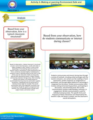 Activity 2- Making a Learning Environment Safe and
Conducive
FIELD STUDY 2
E- PORTFOLIO FOR FIELD STUDY 2
Learning Environment 3
Based from your
observation, how is a
typical classroom
structured?
Based on observation, a typical classroom is structured
around a central learning space, usually with desks or
tables arranged in rows, clusters, or semi-circles
depending on the teaching style and activity. A
teacher's desk or workstation is often positioned at the
front, sometimes elevated slightly. A whiteboard or
projector screen is typically present at the front or side
of the room for instruction. Walls are frequently
adorned with educational posters, student artwork,
and learning materials. Storage areas, often including
cabinets and shelves, are usually present to
accommodate learning resources and student supplies.
Sometimes, a designated area for group work or
individual study might be included. The overall
environment aims to be organized, functional, and
stimulating, though the specific arrangement and
aesthetic vary considerably based on grade level,
subject matter, and school culture.
Based from your observation, how
do students communicate or interact
during classes?
Students communicate and interact during class through
a variety of methods, including verbal exchanges with the
teacher and peers, non-verbal cues like nodding or facial
expressions, written responses on assignments or
worksheets, and through digital platforms if technology is
integrated into the lesson. Verbal communication often
involves asking and answering questions, participating in
discussions, and presenting work. Non-verbal
communication conveys understanding, confusion, or
engagement. Written communication is used for
individual and group tasks. The specific forms and
frequency of these interactions are influenced by the
teacher's style, the lesson's content, and the classroom's
overall atmosphere.
 
