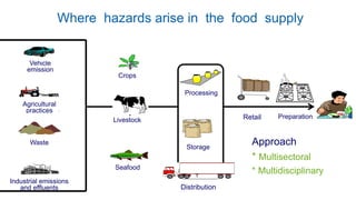Industrial emissions
and effluents
Waste
Vehicle
emission
Agricultural
practices
Where hazards arise in the food supply
Processing
Storage
Preparation
Livestock
Crops
Seafood
Distribution
Retail
Approach
* Multisectoral
* Multidisciplinary
 
