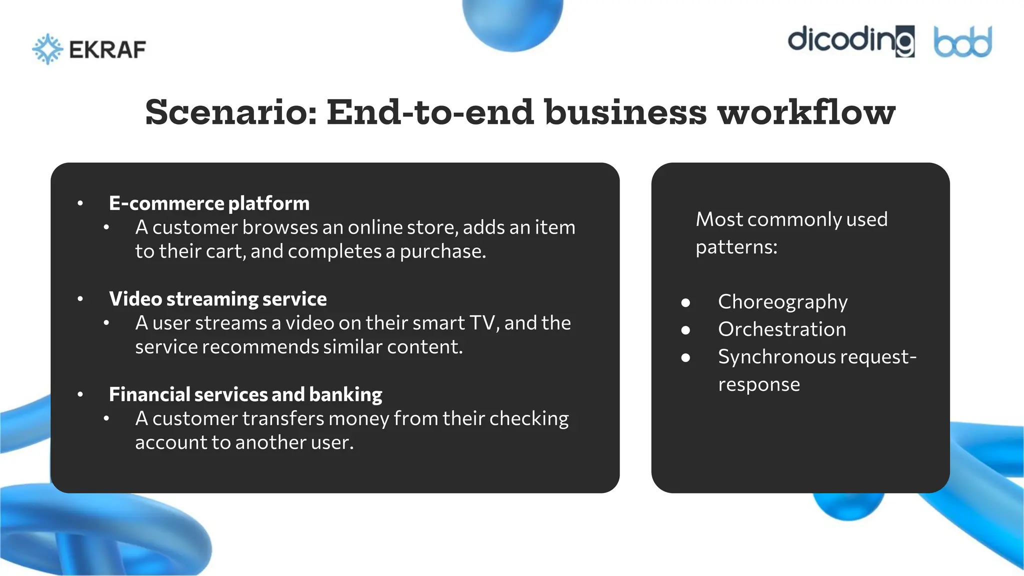Most commonly used
patterns:
● Choreography
● Orchestration
● Synchronous request-
response
• E-commerce platform
• A customer browses an online store, adds an item
to their cart, and completes a purchase.
• Video streaming service
• A user streams a video on their smart TV, and the
service recommends similar content.
• Financial services and banking
• A customer transfers money from their checking
account to another user.
Scenario: End-to-end business workflow
 