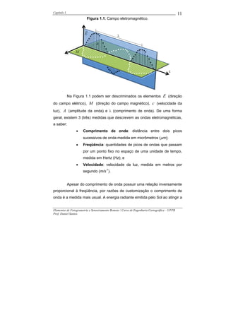 Capítulo I                                                                                    11
                         Figura 1.1. Campo eletromagnético.




             Na Figura 1.1 podem ser descriminados os elementos                  E (direção
do campo elétrico), M (direção do campo magnético), c (velocidade da
luz), A (amplitude da onda) e λ (comprimento de onda). De uma forma
geral, existem 3 (três) medidas que descrevem as ondas eletromagnéticas,
a saber:
                  •   Comprimento de onda: distância entre dois picos
                      sucessivos de onda medida em micrômetros (µm);
                  •   Freqüência: quantidades de picos de ondas que passam
                      por um ponto fixo no espaço de uma unidade de tempo,
                      medida em Hertz (Hz); e
                  •   Velocidade: velocidade da luz, medida em metros por
                      segundo (m/s-1).


             Apesar do comprimento de onda possuir uma relação inversamente
proporcional à freqüência, por razões de customização o comprimento de
onda é a medida mais usual. A energia radiante emitida pelo Sol ao atingir a


Elementos de Fotogrametria e Sensoriamento Remoto / Curso de Engenharia Cartográfica – UFPR
Prof. Daniel Santos
 