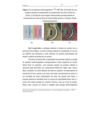 10-9
Capítulo I                                                                                    13
Figura 1.3. (a) Espectro eletromagnético 1                = 10-8 cm. (b) Porção de uma
    imagem colorida correspondente ao comprimento de onda na faixa do
     visível. (c) Porção de uma imagem infravermelha correspondente ao
 comprimento de onda na faixa do infravermelho próximo. (Cortesia: Esteio
                                   Aerolevantamentos)




               (a)                                (b)                            (c)


             Na -7Fotogrametria, a 10-1
              10      10-5 10-3     energia radiante é tratada de acordo com a
teoria da Física Óptica, no qual a energia radiante é considerada um raio de
luz retilíneo que atravessa o meio sofrendo as devidas perturbações até
atingir o sistema de lentes de um sensor.
             Os olhos humanos têm a capacidade de perceber apenas a porção
do espectro eletromagnético correspondente à faixa espectral do visível.
Nesta faixa do espectro, uma pequena porção da energia radiante é
atenuada pela atmosfera. As componentes RGB (em inglês, Red, Green,
Blue) compõem as cores básicas da faixa do espectro correspondente ao
visível (0,3-0,7µm), sendo a cor azul a de menor comprimento de onda e a
cor vermelha de maior comprimento de onda. De acordo com Plank, a
energia radiante se transfere entre os corpos em quantidades fixas, isto é, o
corpo não irradia energia de maneira contínua, mas por meio de pulsos.
Neste caso, quando um átomo é atingido pela energia eletromagnética


Elementos de Fotogrametria e Sensoriamento Remoto / Curso de Engenharia Cartográfica – UFPR
Prof. Daniel Santos
 