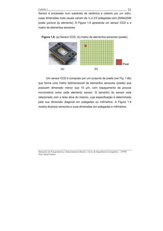 Capítulo I                                                                                    21
Sensor é encaixado num substrato de cerâmica e coberto por um vidro,
cujas dimensões mais usuais variam de ½ e 2/3 polegadas com 2048x2048
pixels (picture by elements). A Figura 1.8 apresenta um sensor CCD e a
matriz de elementos sensores.


   Figura 1.8. (a) Sensor CCD. (b) matriz de elementos sensores (pixels).




                                                                                       Pixel
                       (a)                                (b)


        Um sensor CCD é composto por um conjunto de pixels (ver Fig. 1.8b)
que forma uma matriz bidimensional de elementos sensores (pixels) que
possuem dimensão menor que 10 µm, com espaçamento de poucos
micrometros entre cada elemento sensor. O tamanho do sensor está
relacionado com a área ativa do mesmo, cuja especificação é determinada
pela sua dimensão diagonal em polegadas ou milímetros. A Figura 1.9
mostra diversos sensores e suas dimensões em polegadas e milímetros.




Elementos de Fotogrametria e Sensoriamento Remoto / Curso de Engenharia Cartográfica – UFPR
Prof. Daniel Santos
 