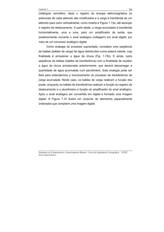 Capítulo I                                                                                    29
(retângulo vermelho). Após o registro da energia eletromagnética os
potenciais de cada eletrodo são modificados e a carga é transferida de um
eletrodo para outro verticalmente, como mostra a Figura 1.13a, até alcançar
o registro de deslocamento. A partir deste, a carga acumulada é transferida
horizontalmente, uma a uma, para um amplificador de saída, que
posteriormente converte o sinal analógico (voltagem) em sinal digital, por
meio de um conversor analógico digital.
        Como analogia do processo supracitado, considere uma seqüência
de baldes (baldes de carga) de água distribuídos numa esteira rolante, cuja
finalidade é armazenar a água da chuva (Fig. 1.13b). E ainda, outra
seqüência de baldes (baldes de transferência) com a finalidade de receber
a água da chuva armazenada anteriormente, que deverá descarregar a
quantidade de água acumulada num pluviômetro. Esta analogia pode ser
feita para entendermos o funcionamento do processo de transferência de
carga acumulada. Neste caso, os baldes de carga realizam a função dos
pixels, enquanto os baldes de transferência realizam a função do registro de
deslocamento e o pluviômetro a função do amplificador do sinal analógico.
Após o sinal analógico ser convertido em digital é formado uma imagem
digital. A Figura 1.14 ilustra um conjunto de elementos espacialmente
ordenados que compõem uma imagem digital.




Elementos de Fotogrametria e Sensoriamento Remoto / Curso de Engenharia Cartográfica – UFPR
Prof. Daniel Santos
 