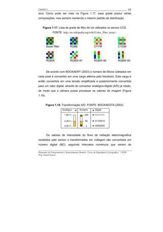 Capítulo I                                                                                    35
azul. Como pode ser vista na Figura 1.17, essa grade possui várias
composições, mas sempre mantendo o mesmo padrão de distribuição.


    Figura 1.17. Lista de grade de filtro de cor utilizados no sensor CCD.
              FONTE: http://en.wikipedia.org/wiki/Color_filter_array>.




         Bayer filter           RGBE                     CYYM                     CYGM




         RGBW                   RGBW #1                  RGBW #2                  RGBW #3



         De acordo com BOCKAERT (2003) o número de fótons coletados em
cada pixel é convertido em uma carga elétrica pelo fotodiodo. Esta carga é
então convertida em uma tensão amplificada e posteriormente convertida
para um valor digital, através do conversor analógico-digital (A/D) já citado,
de modo que a câmara possa processar os valores da imagem (Figura
1.18).


         Figura 1.18. Transformação A/D. FONTE: BOCKAESTA (2003).
                        Analógico         Amostra         Digital

                          1,00 V               255        11111111

                          0,38 V                98        01100010

                          0,00 V                 0        00000000



         Os valores de intensidade do fluxo de radiação eletromagnética
recebidos pelo sensor e transformados em voltagem são convertidos em
número digital (NC), seguindo intervalos numéricos que variam de

Elementos de Fotogrametria e Sensoriamento Remoto / Curso de Engenharia Cartográfica – UFPR
Prof. Daniel Santos
 