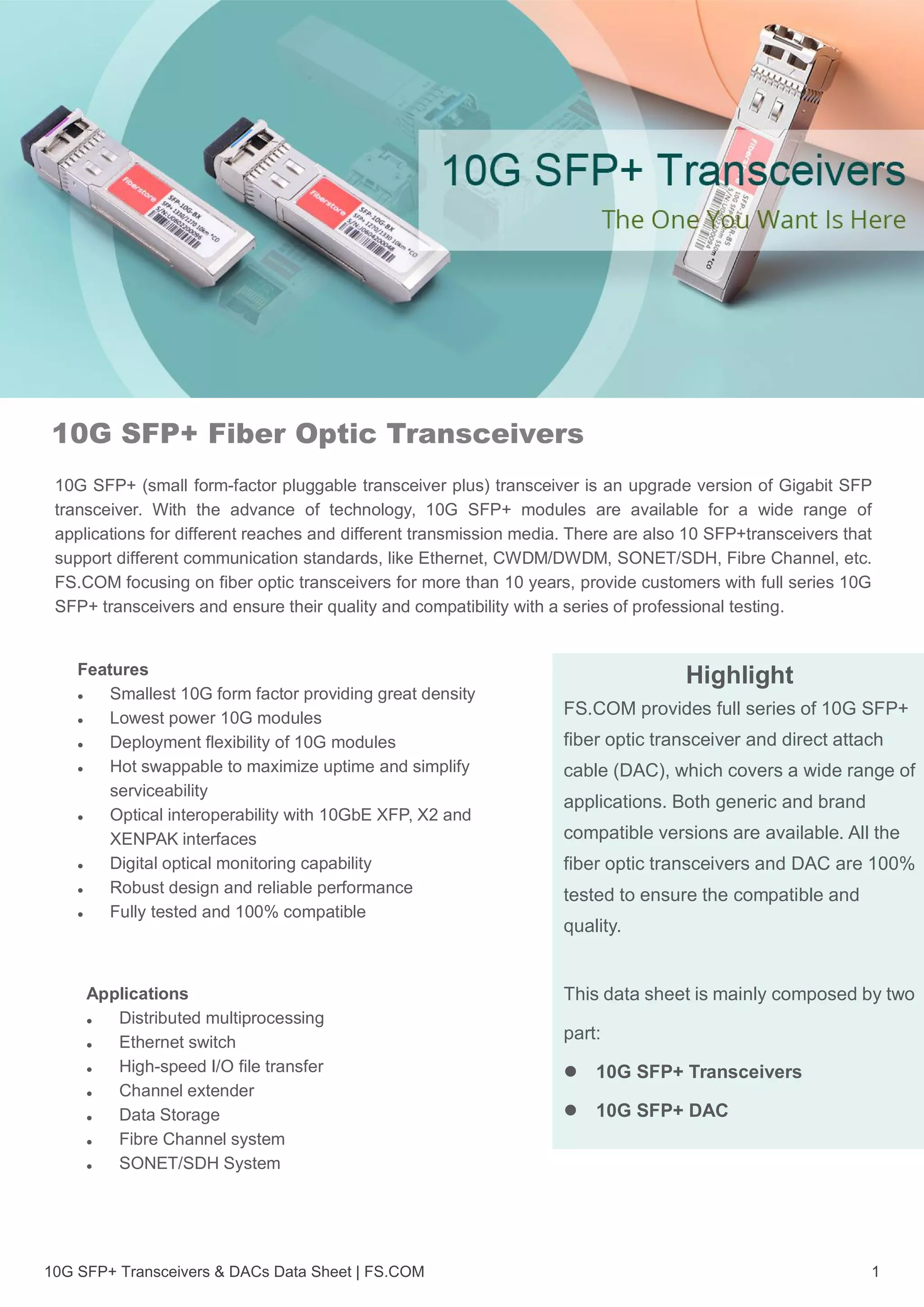 10G SFP+ Fiber Optic Transceivers and SFP+ DAC Data Sheet PDF