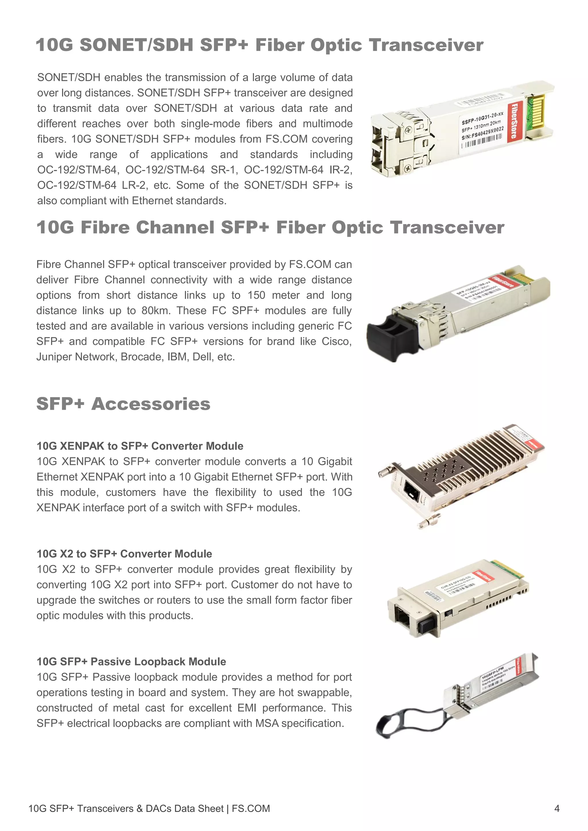 10G SFP+ Fiber Optic Transceivers and SFP+ DAC Data Sheet | PDF