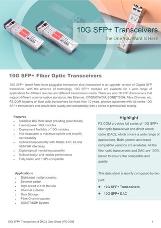 10G SFP+ Fiber Optic Transceivers and SFP+ DAC Data Sheet | PDF