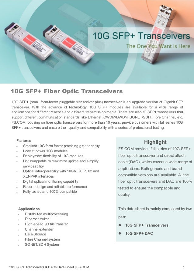 10G SFP+ Fiber Optic Transceivers and SFP+ DAC Data Sheet