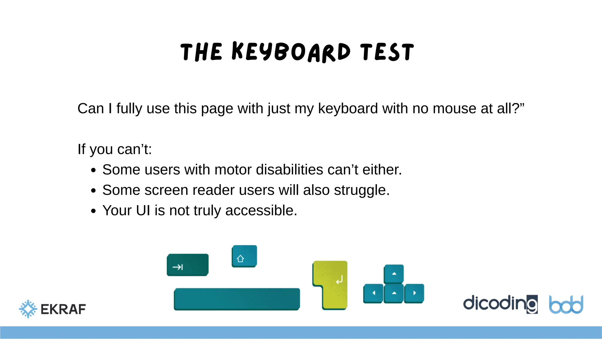 Can I fully use this page with just my keyboard with no mouse at all?”
If you can’t:
Some users with motor disabilities can’t either.
Some screen reader users will also struggle.
Your UI is not truly accessible.
The Keyboard Test
 