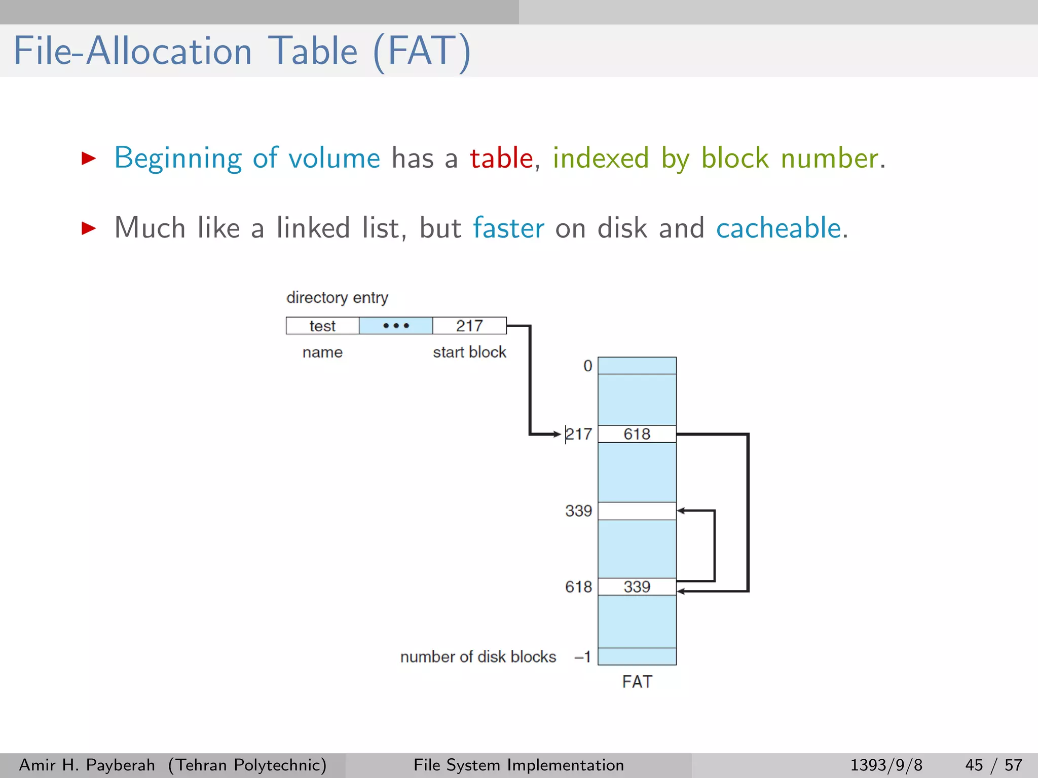 File-Allocation Table (FAT) Beginning of volume has a table, indexed by block number. Much like a linked list, but faster on disk and cacheable. Amir H. Payberah (Tehran Polytechnic) File System Implementation 1393/9/8 45 / 57 
