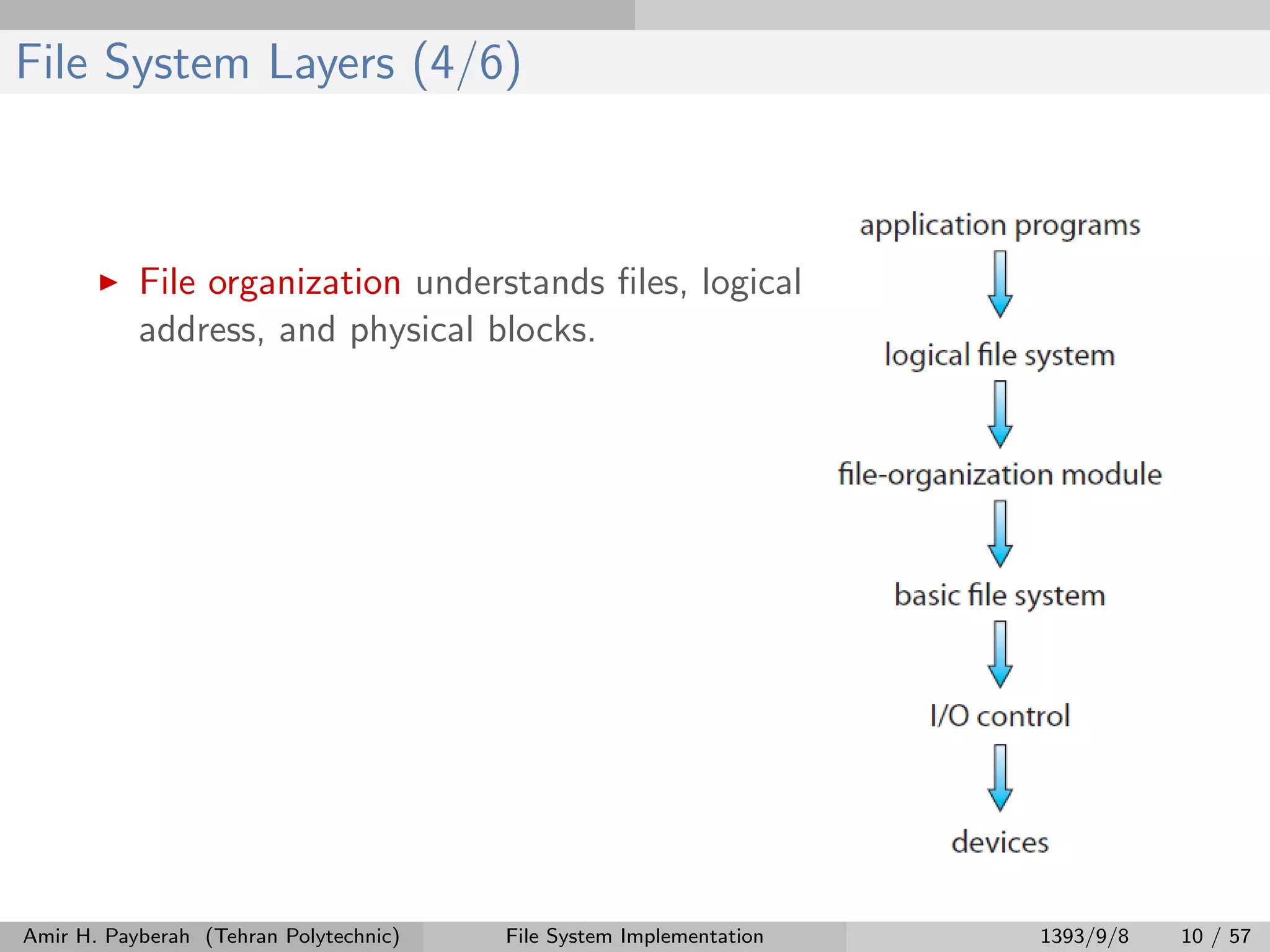 File System Layers (4/6) File organization understands ﬁles, logical address, and physical blocks. Amir H. Payberah (Tehran Polytechnic) File System Implementation 1393/9/8 10 / 57 