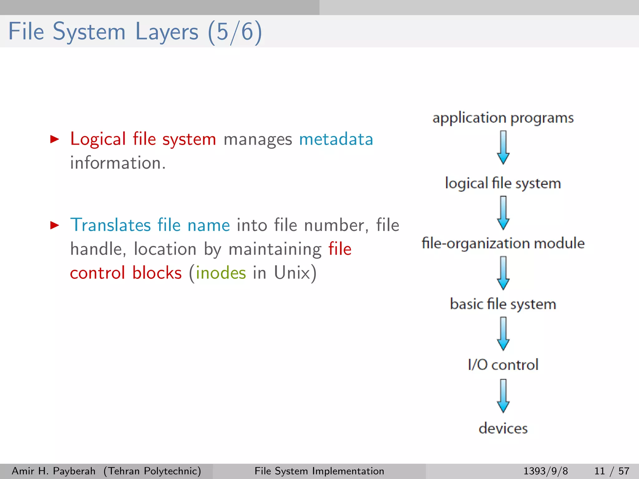 File System Layers (5/6) Logical ﬁle system manages metadata information. Translates ﬁle name into ﬁle number, ﬁle handle, location by maintaining ﬁle control blocks (inodes in Unix) Amir H. Payberah (Tehran Polytechnic) File System Implementation 1393/9/8 11 / 57 