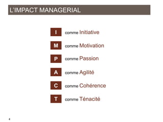 L’IMPACT MANAGERIAL

I

comme Initiative

M
P

comme Passion

A

comme Agilité

C

comme Cohérence

T

4

comme Motivation...