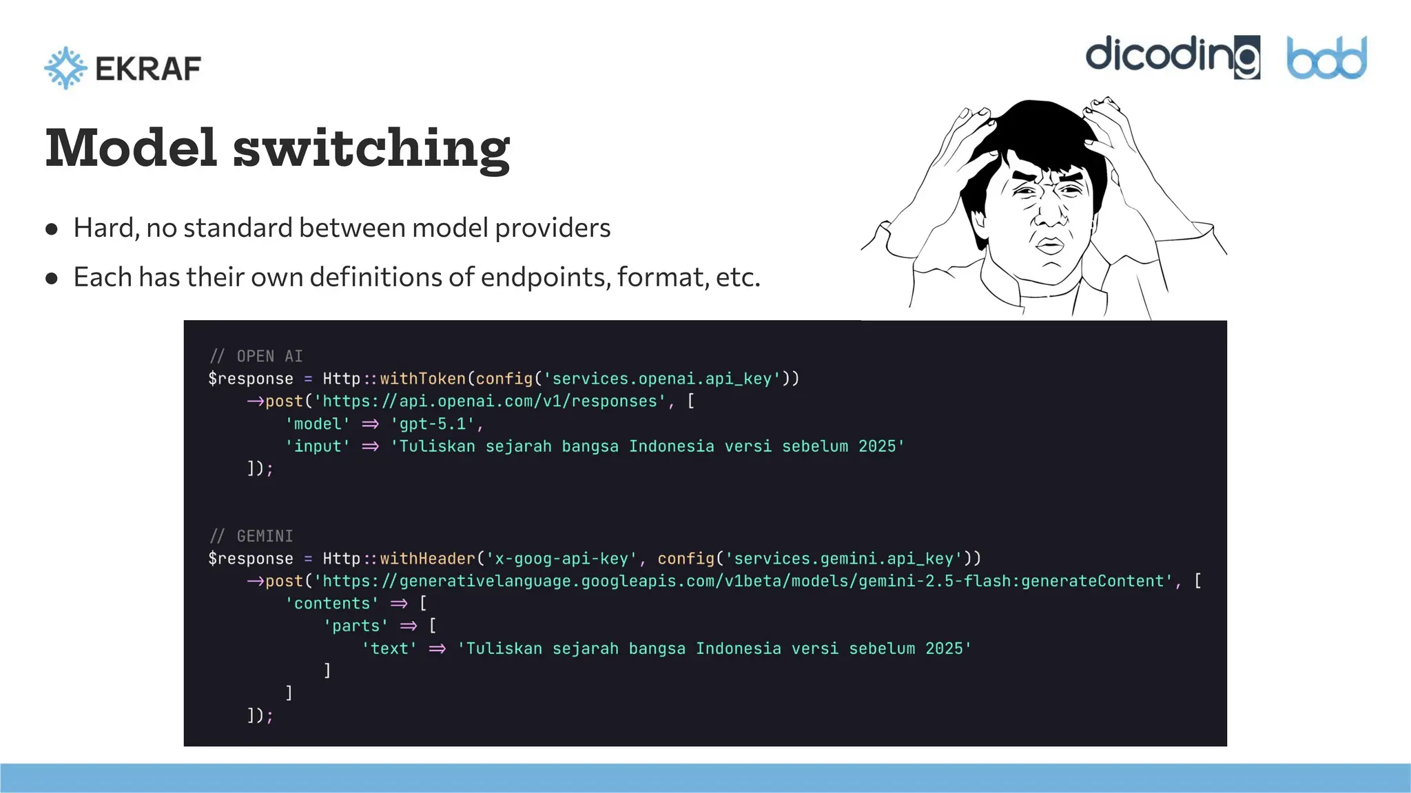 Model switching
● Hard, no standard between model providers
● Each has their own deﬁnitions of endpoints, format, etc.
 