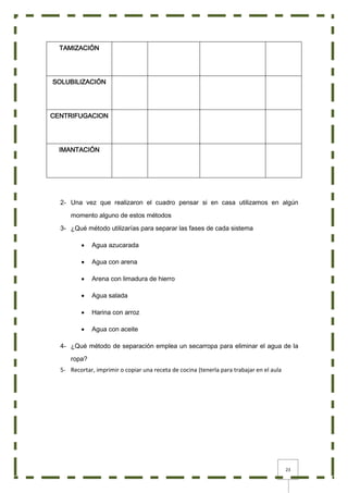 23
TAMIZACIÓN
SOLUBILIZACIÓN
CENTRIFUGACION
IMANTACIÓN
2- Una vez que realizaron el cuadro pensar si en casa utilizamos en algún
momento alguno de estos métodos
3- ¿Qué método utilizarías para separar las fases de cada sistema
 Agua azucarada
 Agua con arena
 Arena con limadura de hierro
 Agua salada
 Harina con arroz
 Agua con aceite
4- ¿Qué método de separación emplea un secarropa para eliminar el agua de la
ropa?
5- Recortar, imprimir o copiar una receta de cocina (tenerla para trabajar en el aula
 