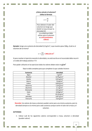 49
¿Cómo calcular el volumen?
Utilizo la fórmula
𝑣 =
𝑚
𝜕
Para obtener el valor del
volumen (v) tengo que
dividir la masa (m) por la
densidad (𝜕)
La unidad que debo
utilizar para el volumen
es cm3 (centímetro
cúbico)
Ejemplo: tengo una sustancia de densidad 0,13 g/cm3
, cuya muestra pesa 320g. ¿Cuál es el
volumen de la misma?
𝑣 =
320
0,13
= 2461,53 cm3
Si para resolver el ejercicio necesito la densidad y no está escrita en el enunciado debo recurrir
a la tabla del trabajo práctico n° 8
Para poder utilizarlo en los ejercicios todos los valores deben estar en g/cm3
Dejo la tabla completa para que completen la que ustedes hicieron
Sustancia densidad
Agua 1 g/cm3
Alcohol 0,78 g/cm3
Aceite 0,92 g/cm3
Hierro 7,8 g/cm3
Cobre 8,96 g/cm3
Glicerina 1,26 g/cm3
Aluminio 2,7 g/cm3
Diamante 3,51 g/cm3
hielo 0,92g/cm3
Oro 19,32 g/cm3
petróleo 0,87 g/cm3
mercurio 13,6 g/cm3
Recordar: los valores de masa y volumen pueden variar para una misma sustancia, pero la
densidad siempre es la misma para cada sustancia aunque varíen el valor de la masa y el
volumen.
ACTIVIDAD:
1- Indicar cuál de los siguientes valores corresponden a masa, volumen o densidad
(pueden sobrar)
 