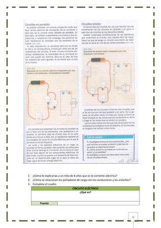 71
1- ¿Cómo le explicarías a un niño de 8 años que es la corriente eléctrica?
2- ¿Cómo se relacionan los portadores de carga con los conductores y los aislantes?
3- Completa el cuadro
CIRCUITO ELÉCTRICO
¿Qué es?
Fuente
 