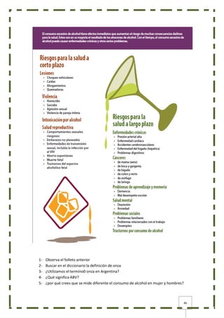86
1- Observa el folleto anterior
2- Buscar en el diccionario la definición de onza
3- ¿Utilizamos el termino0 onza en Argentina?
4- ¿Qué significa ABV?
5- ¿por qué crees que se mide diferente el consumo de alcohol en mujer y hombres?
 