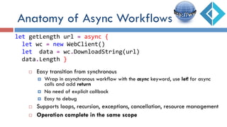 ¨  Easy transition from synchronous
¤  Wrap in asynchronous workflow with the async keyword, use let! for async
calls and add return
¤  No need of explicit callback
¤  Easy to debug
¨  Supports loops, recursion, exceptions, cancellation, resource management
¨  Operation complete in the same scope
let	
  getLength	
  url	
  =	
  async	
  {	
  
	
  	
  let	
  wc	
  =	
  new	
  WebClient()	
  
	
  	
  let	
  	
  data	
  =	
  wc.DownloadString(url)	
  
	
  	
  data.Length	
  }	
  
Anatomy of Async Workflows
 