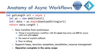 ¨  Easy transition from synchronous
¤  Wrap in asynchronous workflow with the async keyword, use let! for async
calls and add return
¤  No need of explicit callback
¤  Easy to debug
¨  Supports loops, recursion, exceptions, cancellation, resource management
¨  Operation complete in the same scope
let	
  getLength	
  url	
  =	
  async	
  {	
  
	
  	
  let	
  wc	
  =	
  new	
  WebClient()	
  
	
  	
  let!	
  data	
  =	
  wc.AsyncDownloadString(url)	
  
	
  	
  return	
  data.Length	
  }	
  
Anatomy of Async Workflows
 