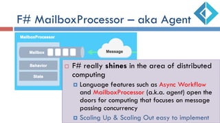 F# MailboxProcessor – aka Agent
¨  F# really shines in the area of distributed
computing
¤  Language features such as Async Workflow
and MailboxProcessor (a.k.a. agent) open the
doors for computing that focuses on message
passing concurrency
¤  Scaling Up & Scaling Out easy to implement
 