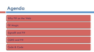 Agenda
Why F# on the Web
F# Magic
SignalR and F#
CQRS and F#
Code & Code
 