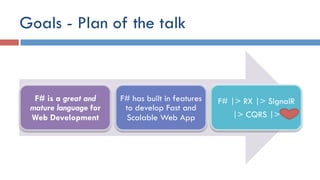 Goals - Plan of the talk
F# is a great and
mature language for
Web Development
F# has built in features
to develop Fast and
Scalable Web App
F# |> RX |> SignalR
|> CQRS |>
 