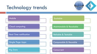 Technology trends
Mobile
Claud computing
Real Time notification
Single Page Apps
Big Data
Scalable
Maintanable & Readable
Reliable & Testable
Composable & Reusable
Concurrent
 