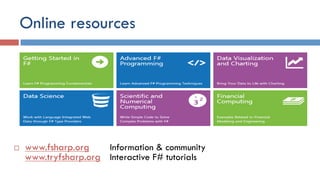 Online resources
¨  www.fsharp.org Information & community
www.tryfsharp.org Interactive F# tutorials
 