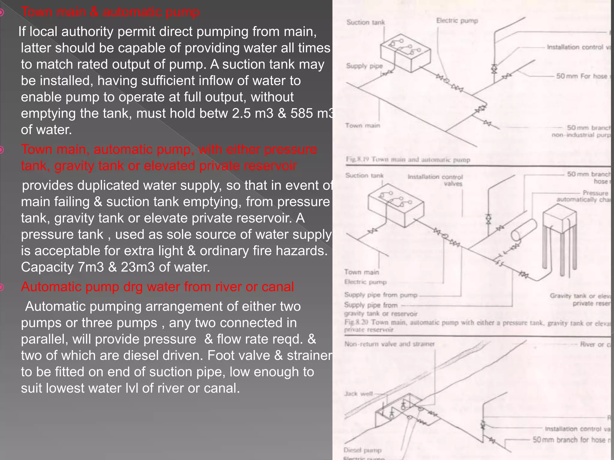  Town main & automatic pump
If local authority permit direct pumping from main,
latter should be capable of providing water all times
to match rated output of pump. A suction tank may
be installed, having sufficient inflow of water to
enable pump to operate at full output, without
emptying the tank, must hold betw 2.5 m3 & 585 m3
of water.
 Town main, automatic pump, with either pressure
tank, gravity tank or elevated private reservoir
provides duplicated water supply, so that in event of
main failing & suction tank emptying, from pressure
tank, gravity tank or elevate private reservoir. A
pressure tank , used as sole source of water supply
is acceptable for extra light & ordinary fire hazards.
Capacity 7m3 & 23m3 of water.
 Automatic pump drg water from river or canal
Automatic pumping arrangement of either two
pumps or three pumps , any two connected in
parallel, will provide pressure & flow rate reqd. &
two of which are diesel driven. Foot valve & strainer
to be fitted on end of suction pipe, low enough to
suit lowest water lvl of river or canal.
 