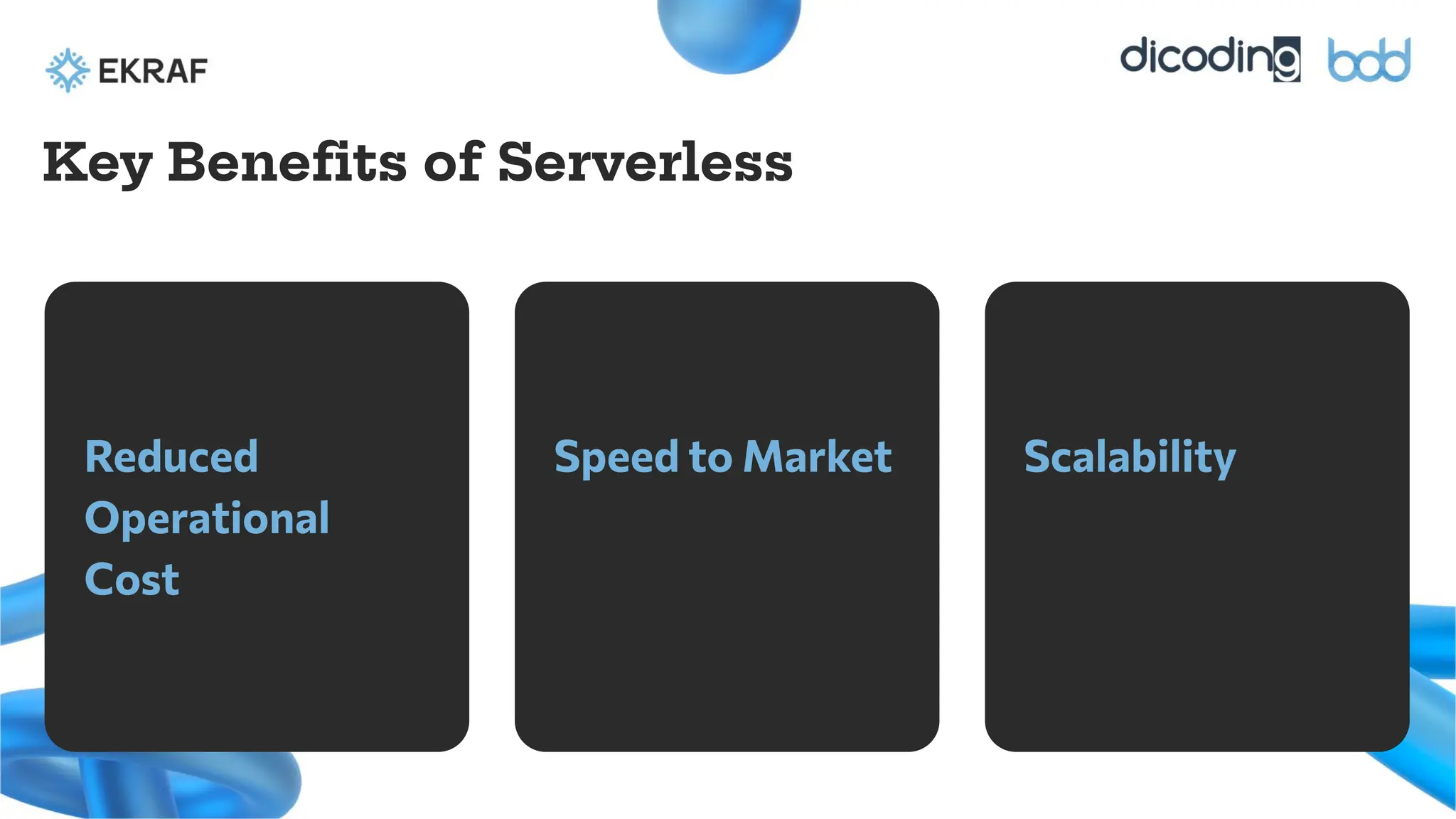 Reduced
Operational
Cost
Speed to Market Scalability
Key Beneﬁts of Serverless
 