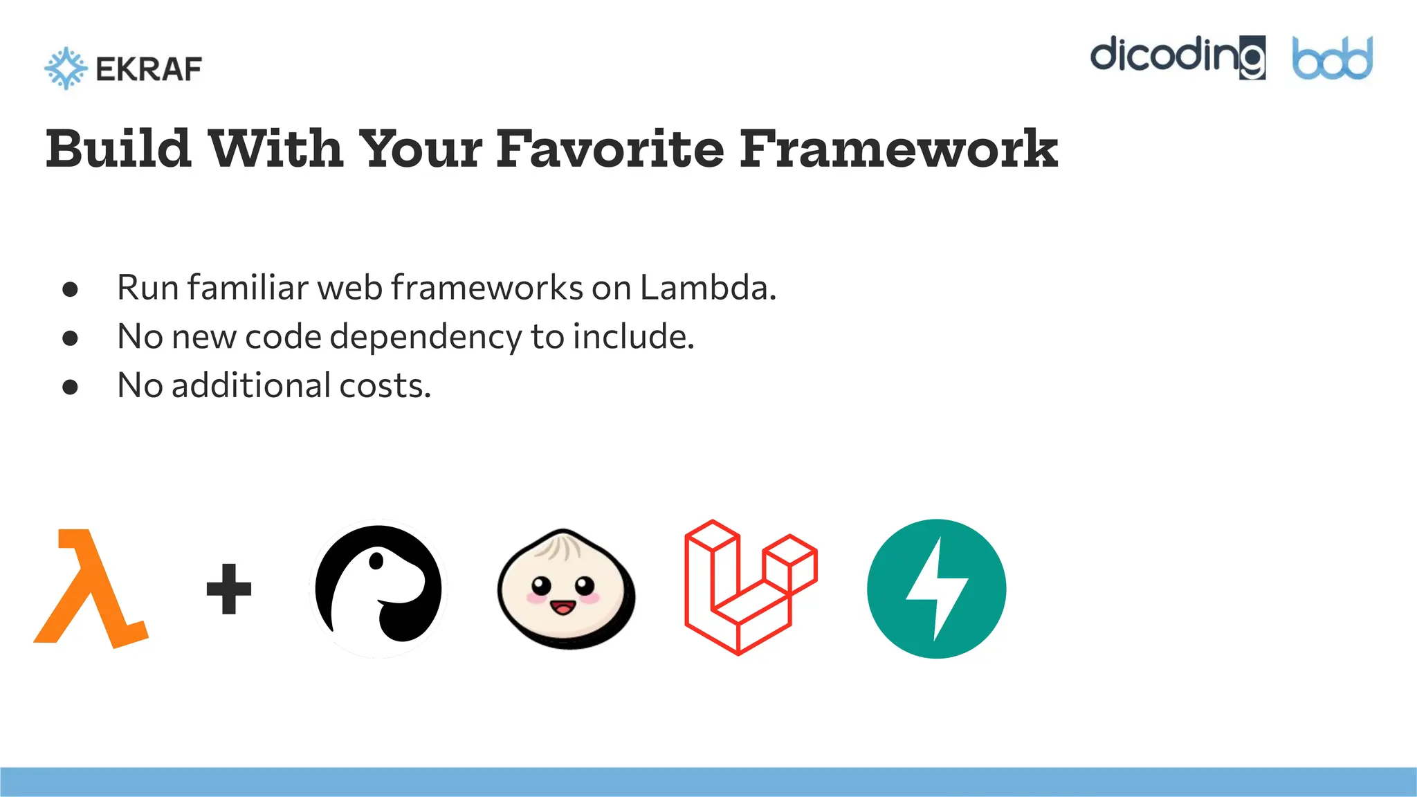 ● Run familiar web frameworks on Lambda.
● No new code dependency to include.
● No additional costs.
Build With Your Favorite Framework
 