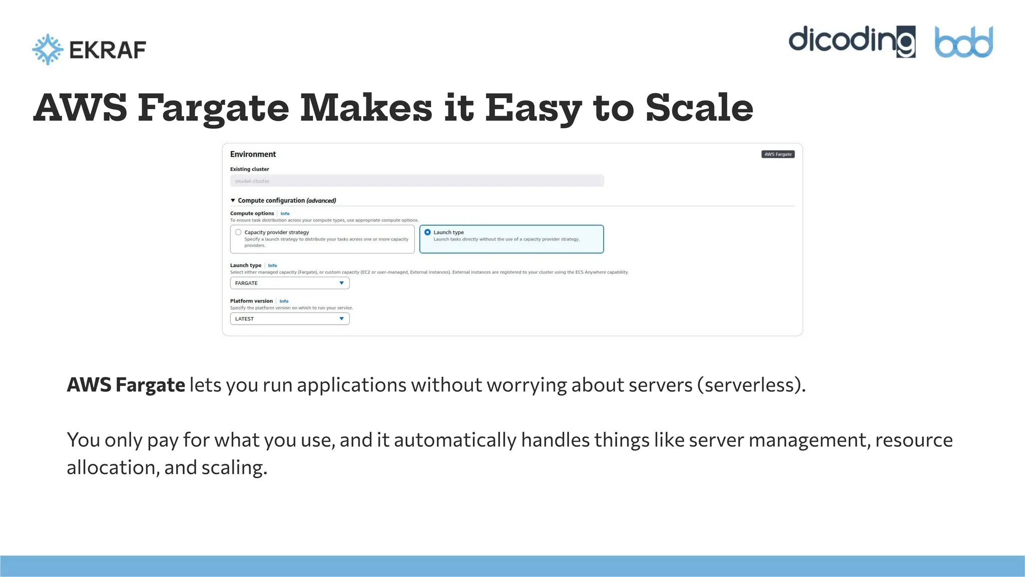 AWS Fargate Makes it Easy to Scale
AWS Fargate lets you run applications without worrying about servers (serverless).
You only pay for what you use, and it automatically handles things like server management, resource
allocation, and scaling.
 