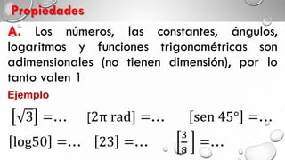 Propiedades
A. Los números, las constantes, ángulos,
logaritmos y funciones trigonométricas son
adimensionales (no tienen dimensión), por lo
tanto valen 1
3 =… [2π rad] =… sen 45° =…
log50 =… 23 =…
3
8
=…
Ejemplo
 