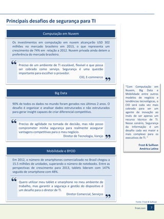 Principais desafios de segurança para TI
Computação em Nuvem
Os investimentos em computação em nuvem alcançarão USD 302
milhões no mercado brasileiro em 2013, o que representa um
crescimento de 74% em relação a 2012. Nuvem privada ainda detem a
preferência do mercado brasileiro.
Preciso de um ambiente de TI escalável, flexível e que possa
ser cobrado como serviço. Segurança é uma questão
importante para escolher o provedor.
CIO, E-commerce

Big Data
90% de todos os dados no mundo foram gerados nos últimos 2 anos. O
desafio é organizar e analisar dados estruturados e não estruturados
para gerar insight capazes de criar diferencial competitivo.

Preciso de agilidade na tomada de decisão, mas não posso
comprometer minha segurança para realmente assegurar
vantagens competitivas para o meu negócio.
Diretor de Tecnologia, Varejo

Mobilidade e BYOD

“Com Computação em
Nuvem, Big Data e
Mobilidade entre outros
modelos de negócio e
tendências tecnológicas, o
CIO será cada vez mais
cobrado para ser um
agente de inovação ao
invés de ser apenas um
recurso técnico de TI.
Nesse cenário, Segurança
da Informação é um
desafio cada vez maior e
mais complexo para os
executivos de TI. ”

Frost & Sullivan
América Latina

Em 2012, o número de smartphones comercializado no Brasil chegou a
15.5 milhões de unidades, superando o número de notebooks. Entre as
perspectivas de crescimento para 2013, tablets lideram com 147%
seguido de smartphone com 48%.
Quero utilizar meu tablet e smarphone no meu ambiente de
trabalho, mas garantir a seguraça e gestão do dispositivo é
um desafio para o diretor de TI.
Diretor Comercial, Serviços
Fonte: Frost & Sullivan

7

 
