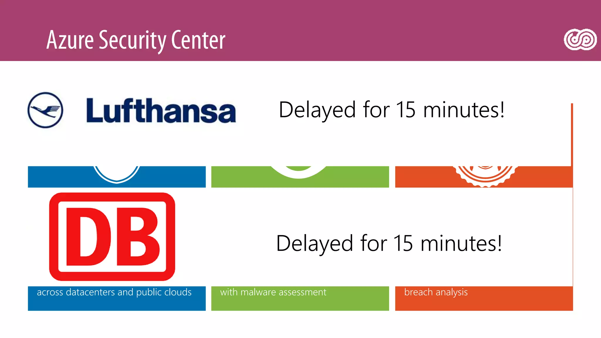 •
Comprehensive updates assessment
across datacenters and public clouds
Detection of breaches and threats
with malware assessment
Perform forensic, audit and
breach analysis
Delayed for 15 minutes!
Delayed for 15 minutes!
 