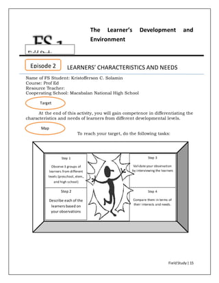 FieldStudy| 15
The Learner’s Development and
Environment
LEARNERS’ CHARACTERISTICS AND NEEDS
Name of FS Student: Kristofferson C. Solamin
Course: Prof Ed
Resource Teacher:
Cooperating School: Macabalan National High School
At the end of this activity, you will gain competence in differentiating the
characteristics and needs of learners from different developmental levels.
To reach your target, do the following tasks:
Episode 2
Target
Map
Step 1
Observe 3 groups of
learners from different
levels (preschool, elem.,
and high school)
Step 2
Describe each of the
learners based on
your observations
Step 3
Validate your observation
by interviewing the learners
Step 4
Compare them in terms of
their interests and needs.
Field Study
 
