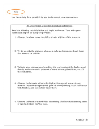 FieldStudy| 33
Use the activity form provided for you to document your observations.
An Observation Guide for Individual Differences
Read the following carefully before you begin to observe. Then write your
observation report on the space provided.
1. Observe the class to see the differences in abilities of the learners.
2. Try to identify the students who seem to be performing well and those
that seem to be behind.
3. Validate your observations by asking the teacher about the background
(family, socio-economic, presence of some learning disabilities, etc.)Of
these children.
4. Observe the behavior of both the high achieving and low-achieving
learners. Note their dispositions, pace in accomplishing tasks, interaction
with teacher, and interaction with others.
5. Observe the teacher’s method in addressing the individual learning needs
of the students in his/her class.
Tools
 